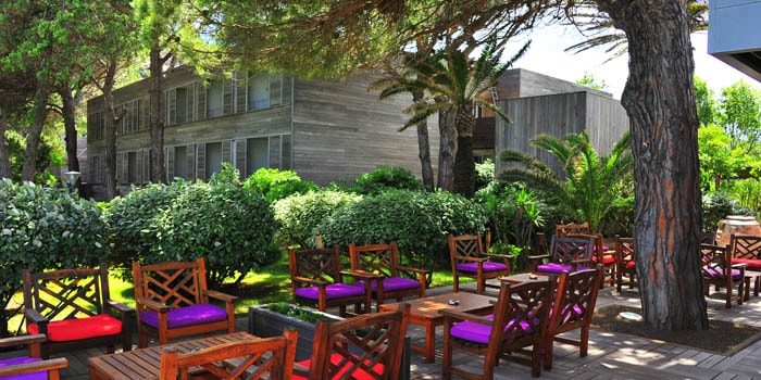 Hotel Moby Dick Plage de Santa Giulia Corsica Frankrijk tuin terras gebouw grasveld bomen schaduw fauteuils
